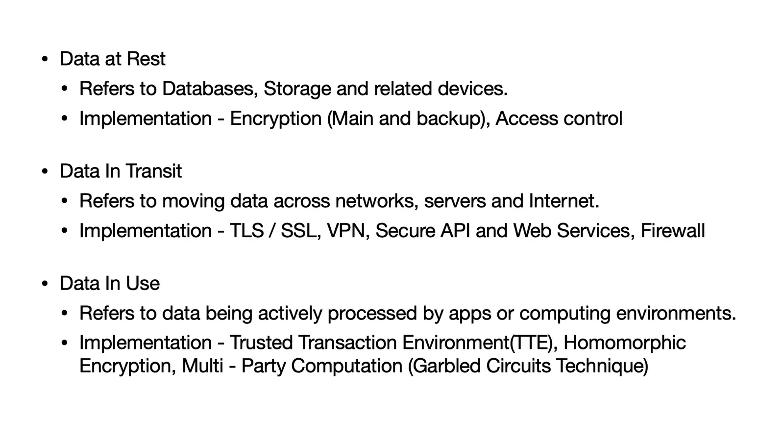 Slide comparing data at rest, data in transit, and data in use, with examples of security controls for each state.